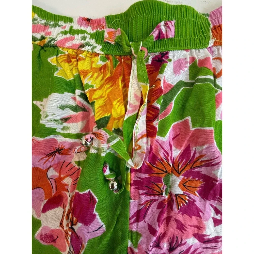 Floral Tropical Shorts Green Pink Boho Resort Beach Pull On Cotton Blend Pockets - Picture 2 of 9